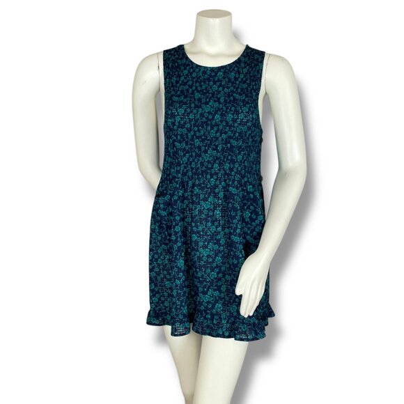 Floral Tunic Top Button-Side Shirred Sleeveless Semi-Sheer Blue Teal Pockets - Picture 1 of 11
